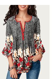Button Up Pleated Printed Three Quarter Sleeve Blouse