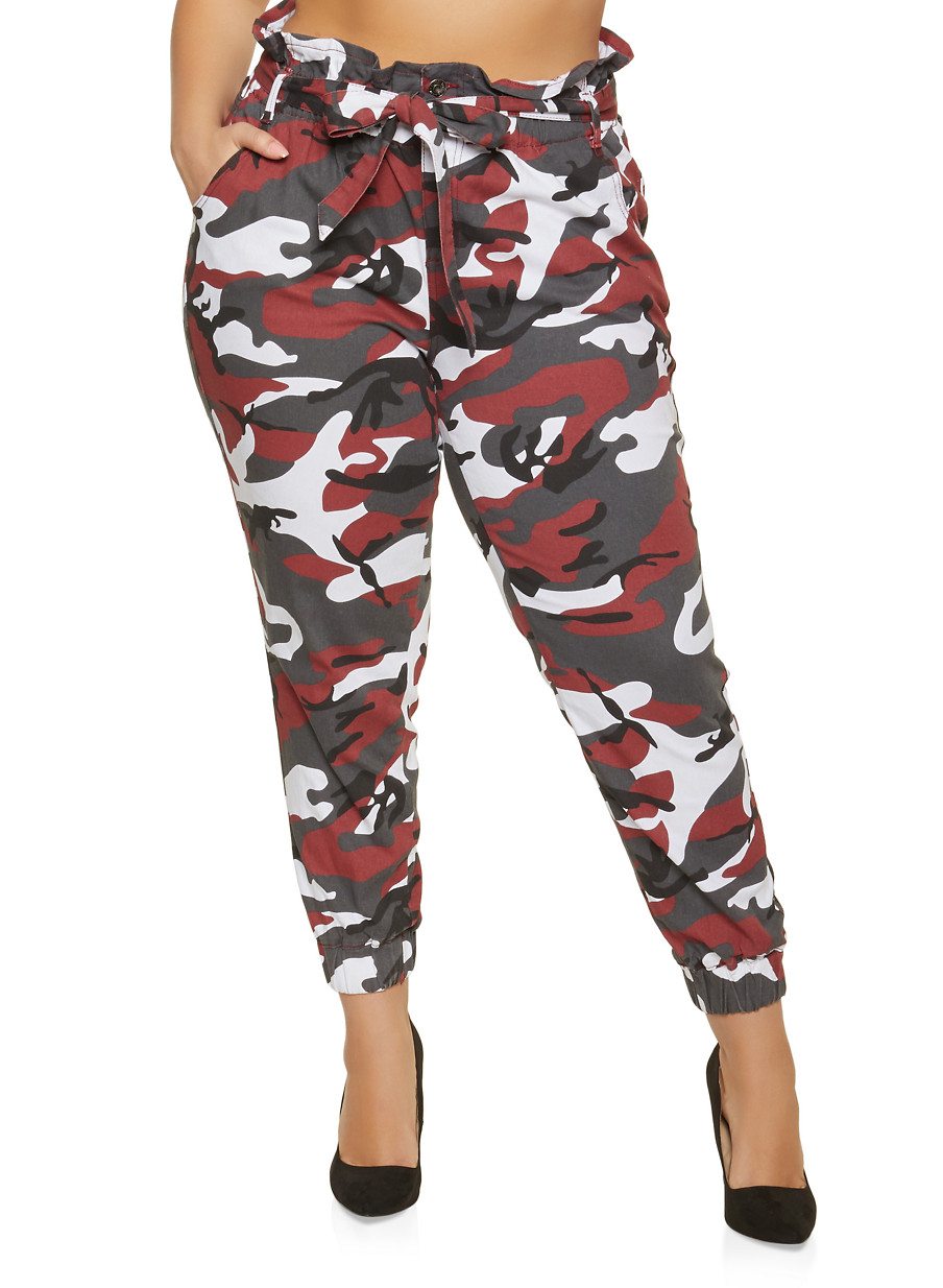 Plus Size Paper Bag Waist Camo Joggers