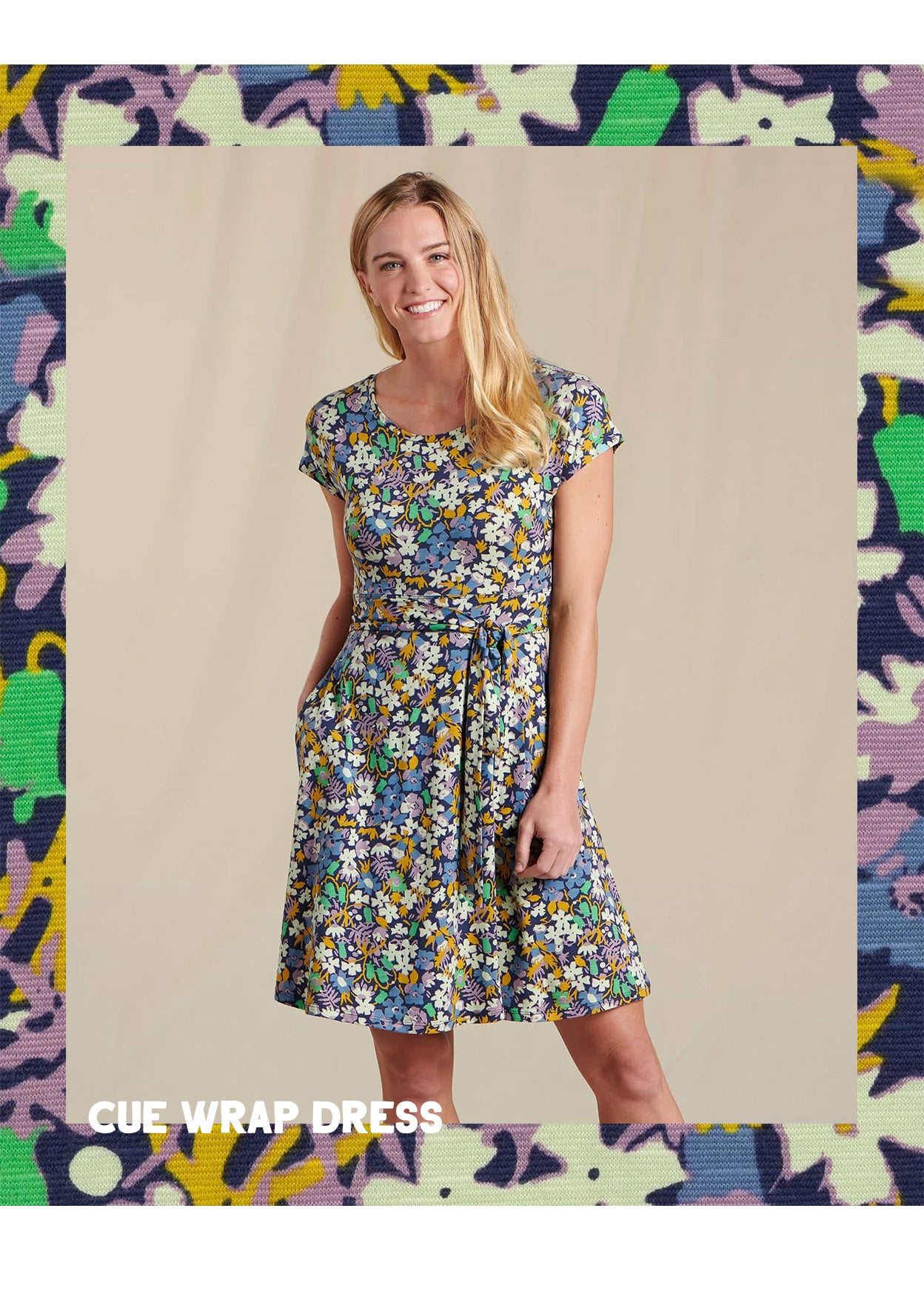 Cue Wrap Short Sleeve Dress in True Navy Garden Print