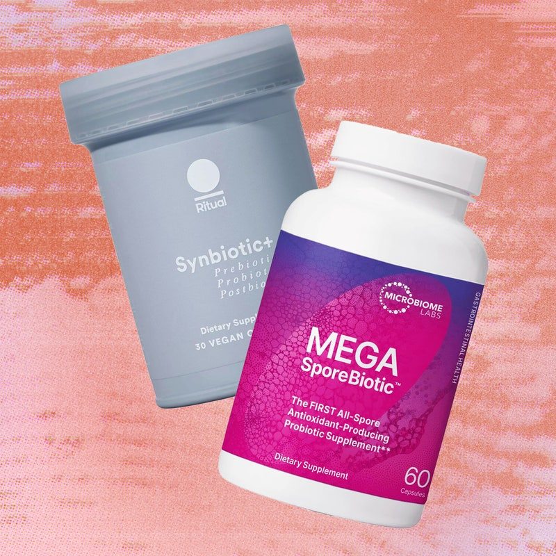 Best probiotics on Amazon featuring a collage of two products on pink and purple background