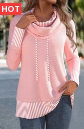 Light Pink Patchwork Striped Long Sleeve Cowl Neck Sweatshirt