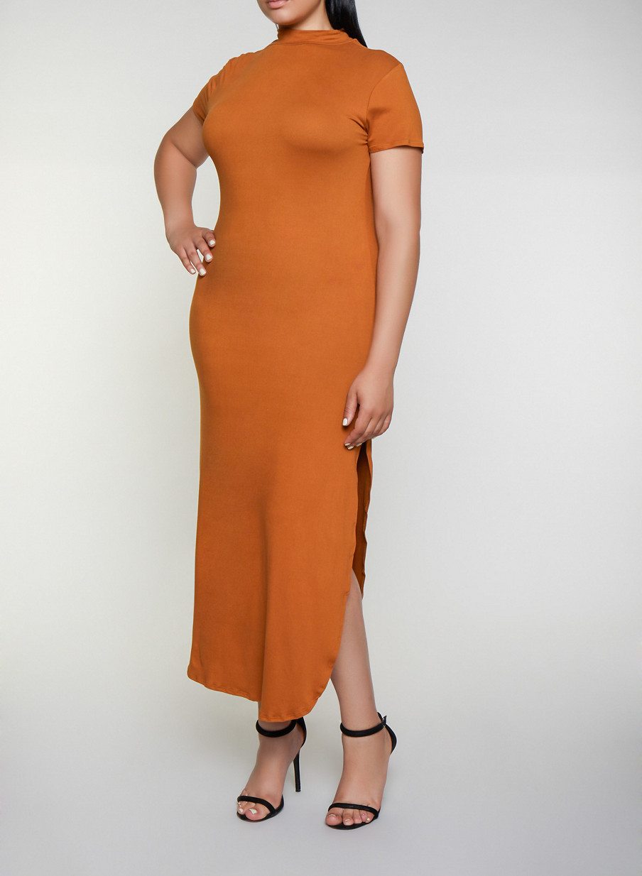 Plus Size Soft Knit Mock Neck Maxi Dress