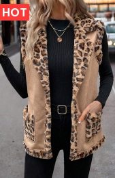 Light Coffee Patchwork Leopard Sleeveless Turn Down Collar Waistcoat