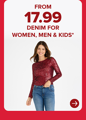 A woman in a red top and jeans. From 17.99 denim for women, men and kids.