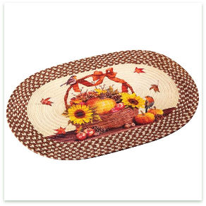 This lovely rug features a pair of cute birds perched on a basket that's overflowing with Fall leaves, berries, pumpkins, pinecones, apples and sunflowers