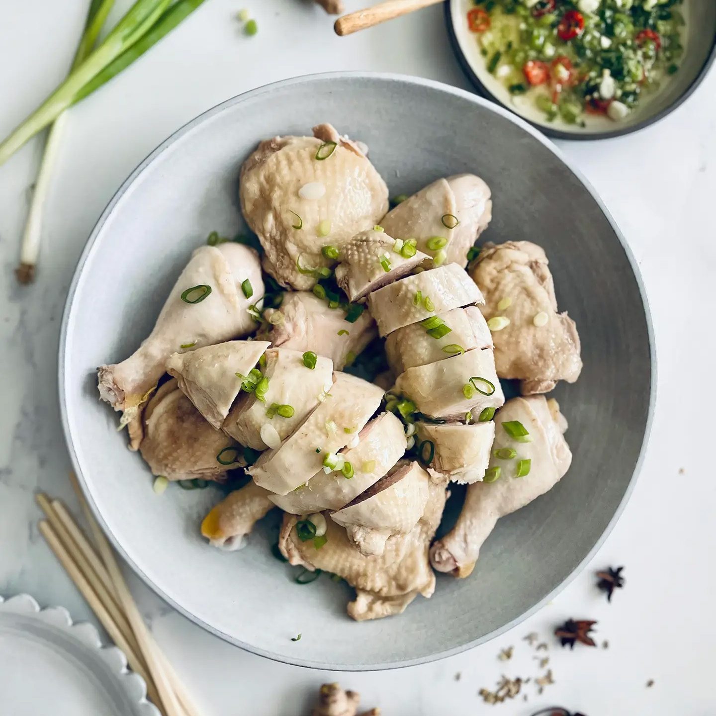 Cantonese White Cut Chicken with Ginger-Scallion Sauce