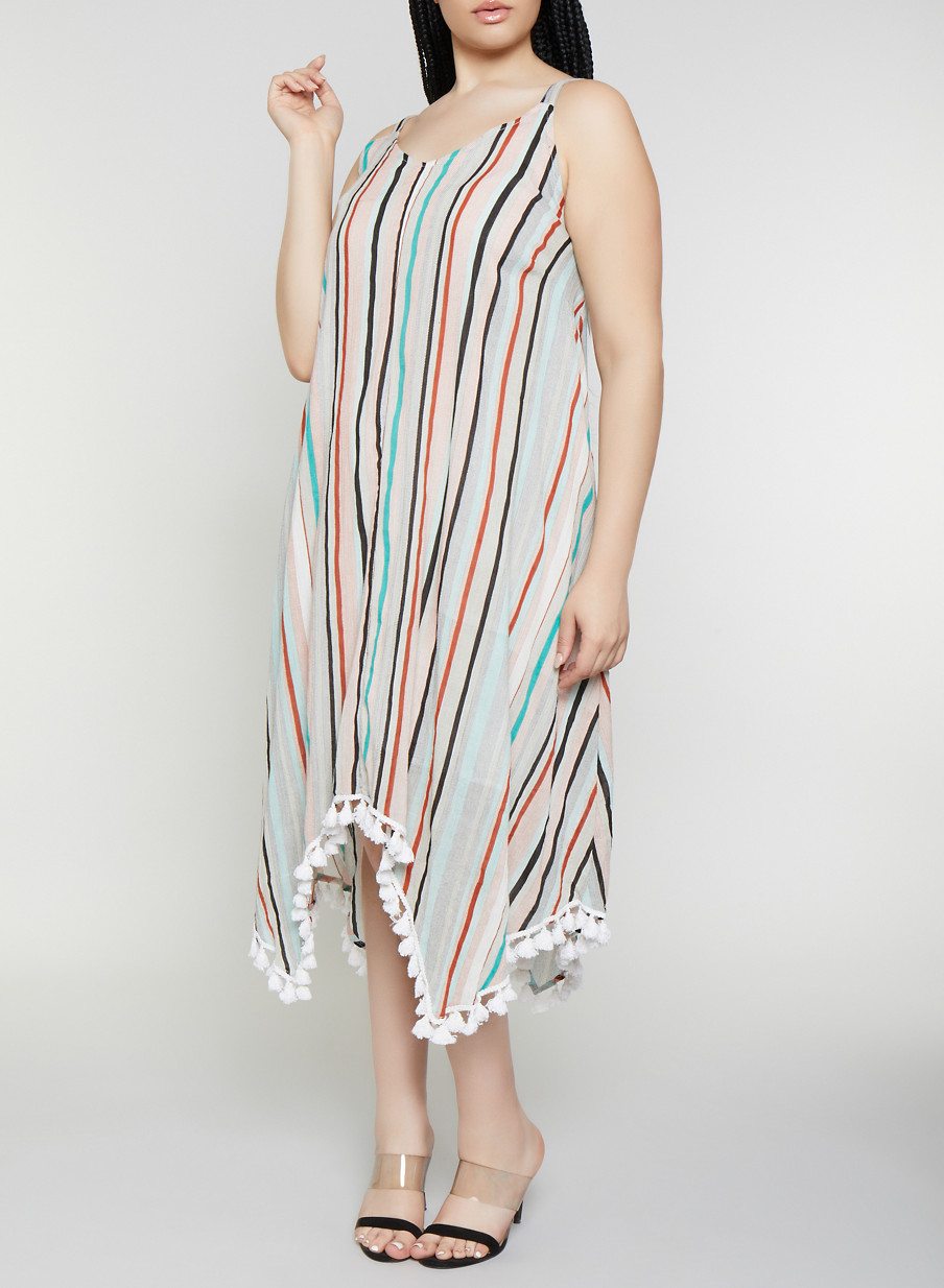 Plus Size Striped Tassel Trim Maxi Dress