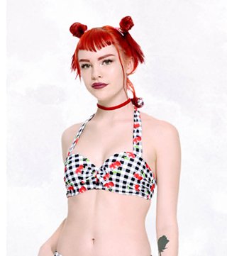 Black and White Gingham Cherry Swim Top