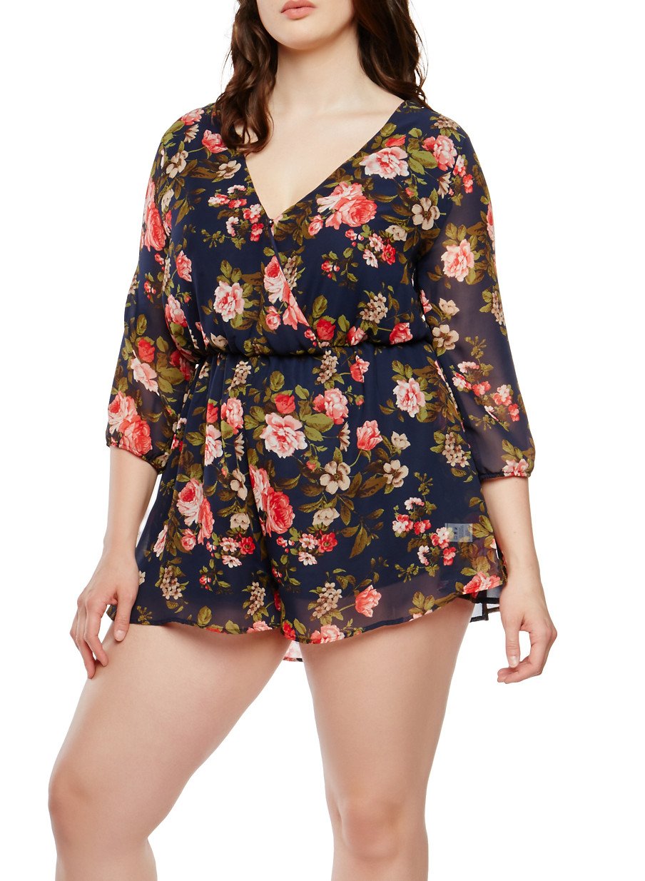 Plus Size Floral Faux Wrap Romper