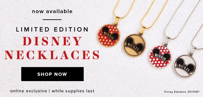 Shop limited edition Disney necklaces with Mickey and Minnie ear hat charms.