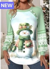 Christmas Light Green Patchwork Long Sleeve Round Neck Sweatshirt