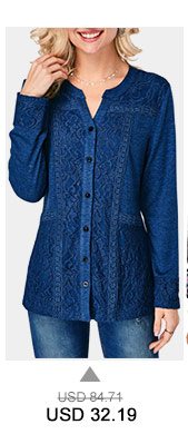 Button Up Long Sleeve Lace Panel Blouse