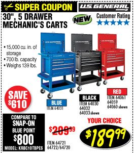 30 in. 5 Drawer Blue Mechanic's Cart