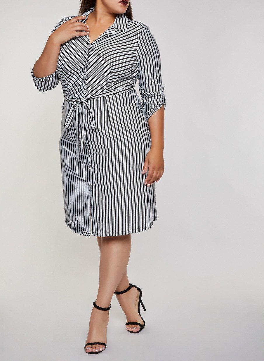 Plus Size Striped Tie Waist Shirt Dress