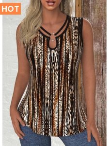 ROTITA Circular Ring Leopard Dark Coffee Round Neck Tank Top