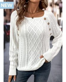 Button White Round Neck Long Sleeve Sweater