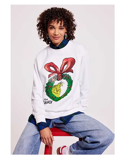 Womens White Sequin Grinch Christmas Jumper