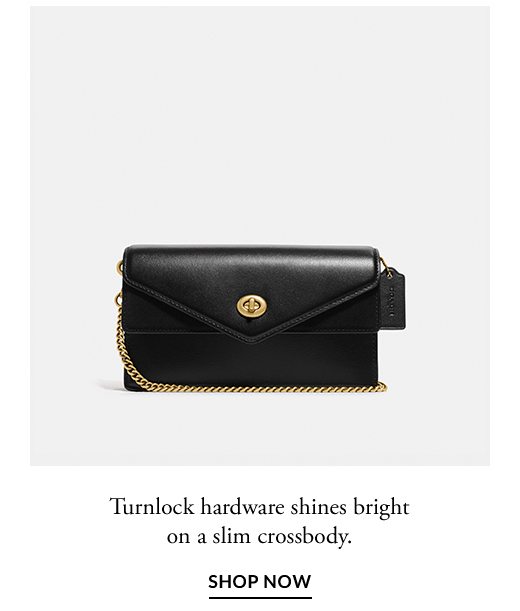 Turnlock hardware shines bright on a slim crossbody. Shop Now