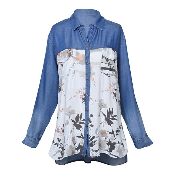 Floral-Front Silky Denim Top