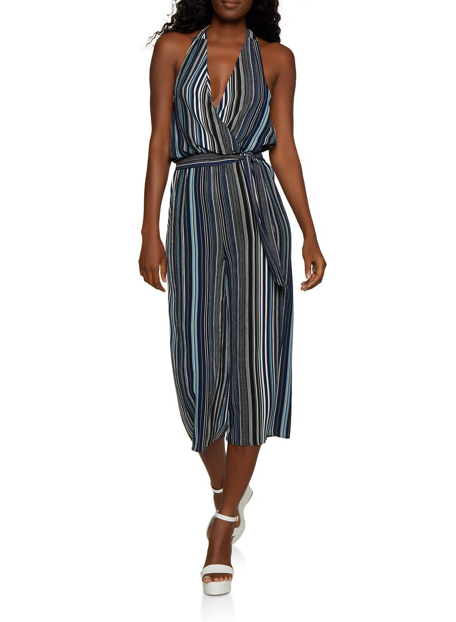 Striped Crepe Knit Halter Jumpsuit