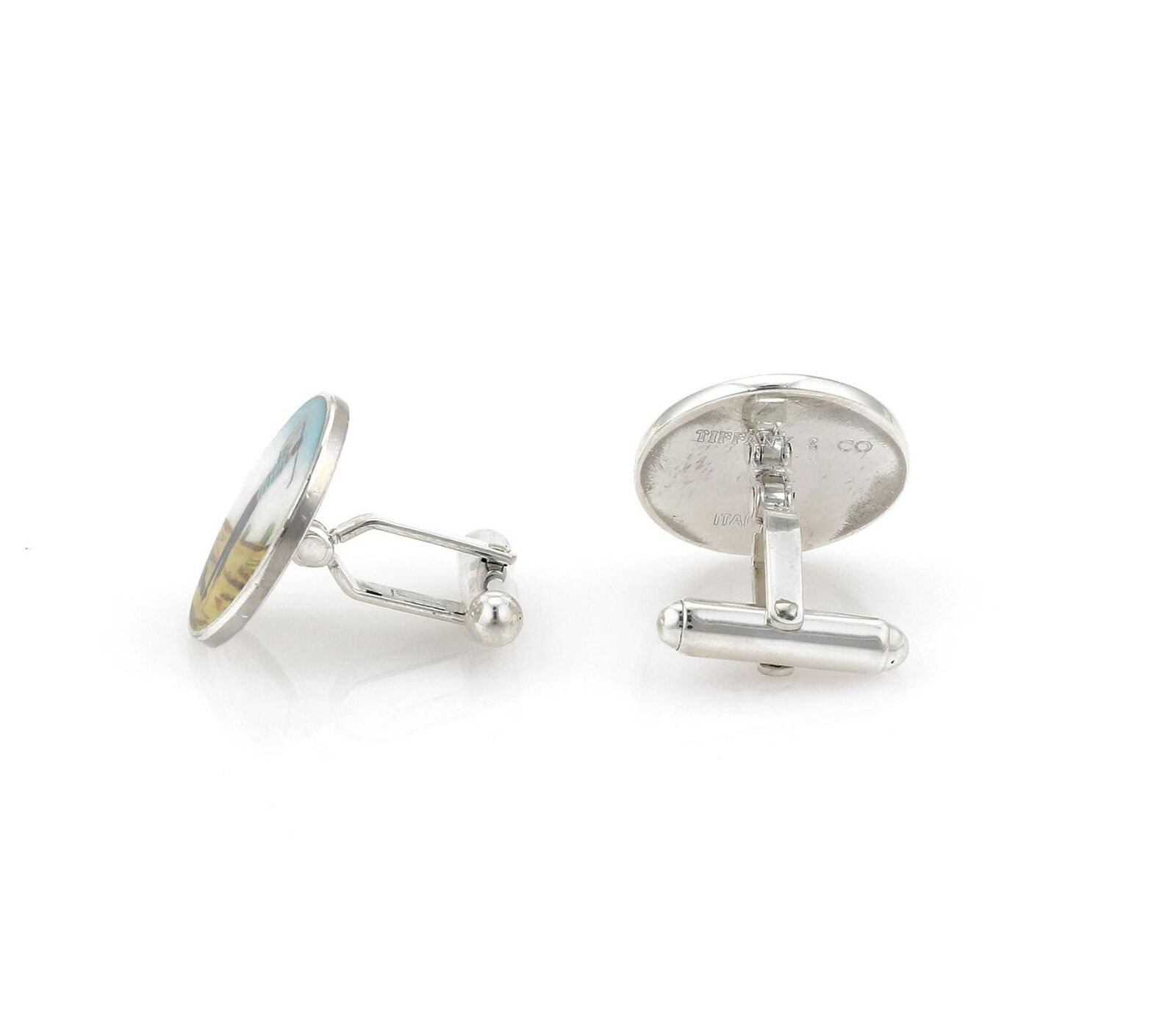 Image of Tiffany & Co. Vintage Enamel Sterling Silver Round Golfer Stud Cufflinks