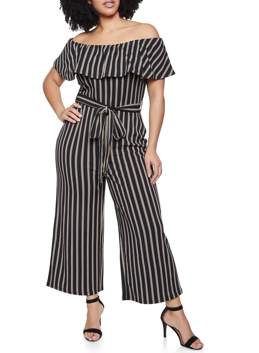 Plus Size Ruffled Off the Shoulder Striped Jumpsuit