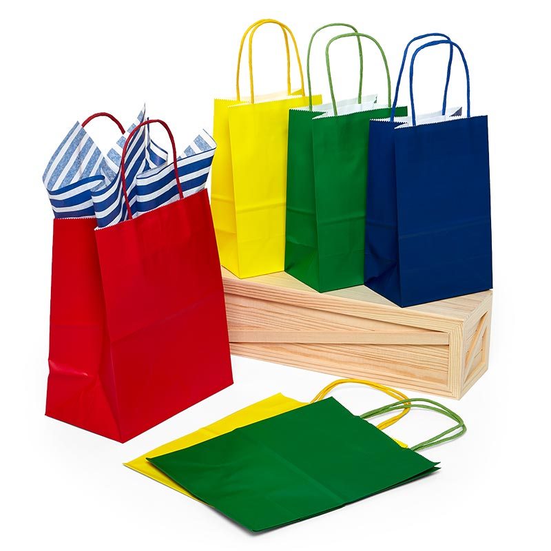 Assorted Primary Solid Colored Paper Shopping Bags - 12 Pack