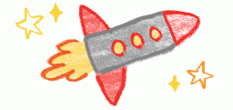 Crayon drawn red, yellow, and grey rocket ship flying through stars