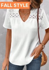 ROTITA Lace White Split Neck Short Sleeve Blouse