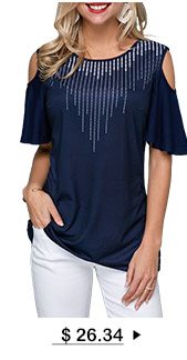 Round Neck Cold Shoulder Navy Blue T Shirt