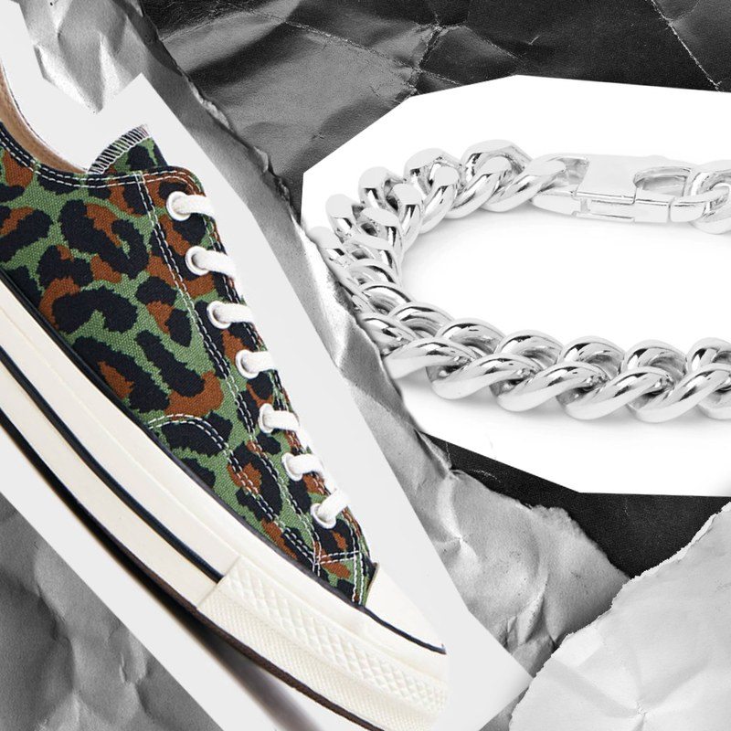 A sneaker, a bracelet, and an overcoat