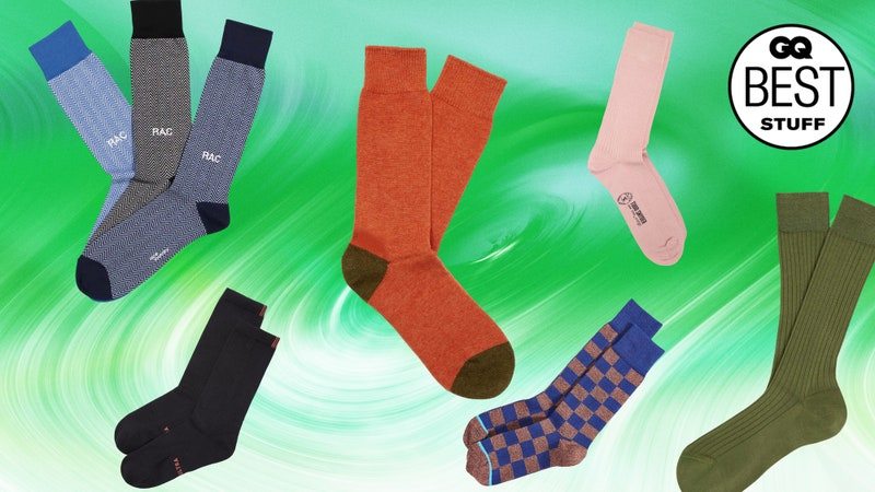 A variety of socks on a green and white psychedelic looking background