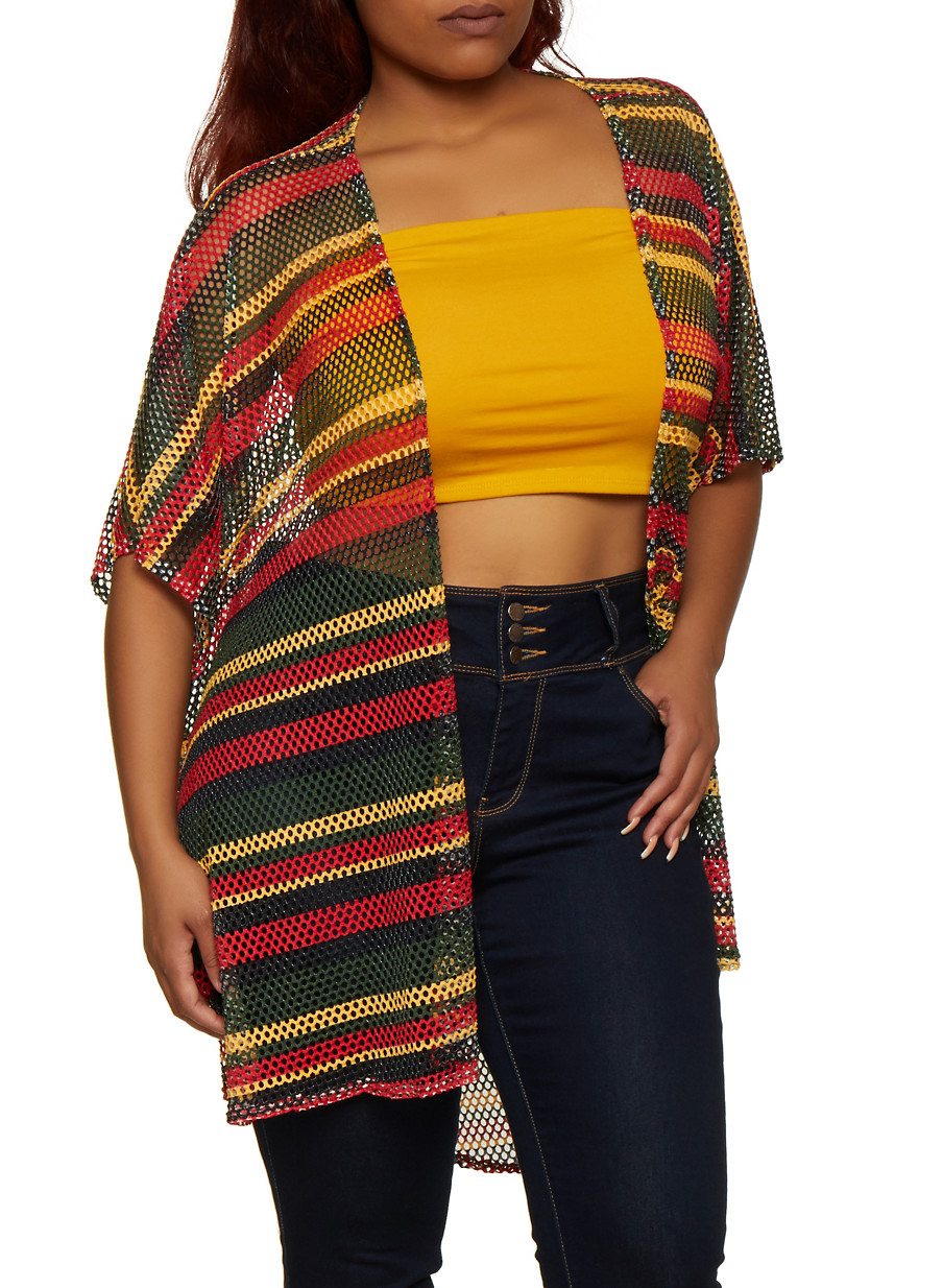 Plus Size Striped Fishnet Kimono