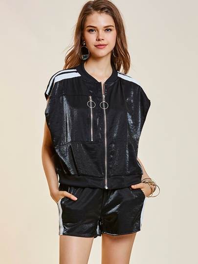 Round Neck Zipper Patchwork Women's Two Piece Set