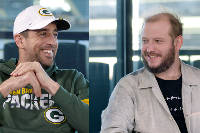 Still from one on one video of Justin Vernon and Aaron Rodgers. 