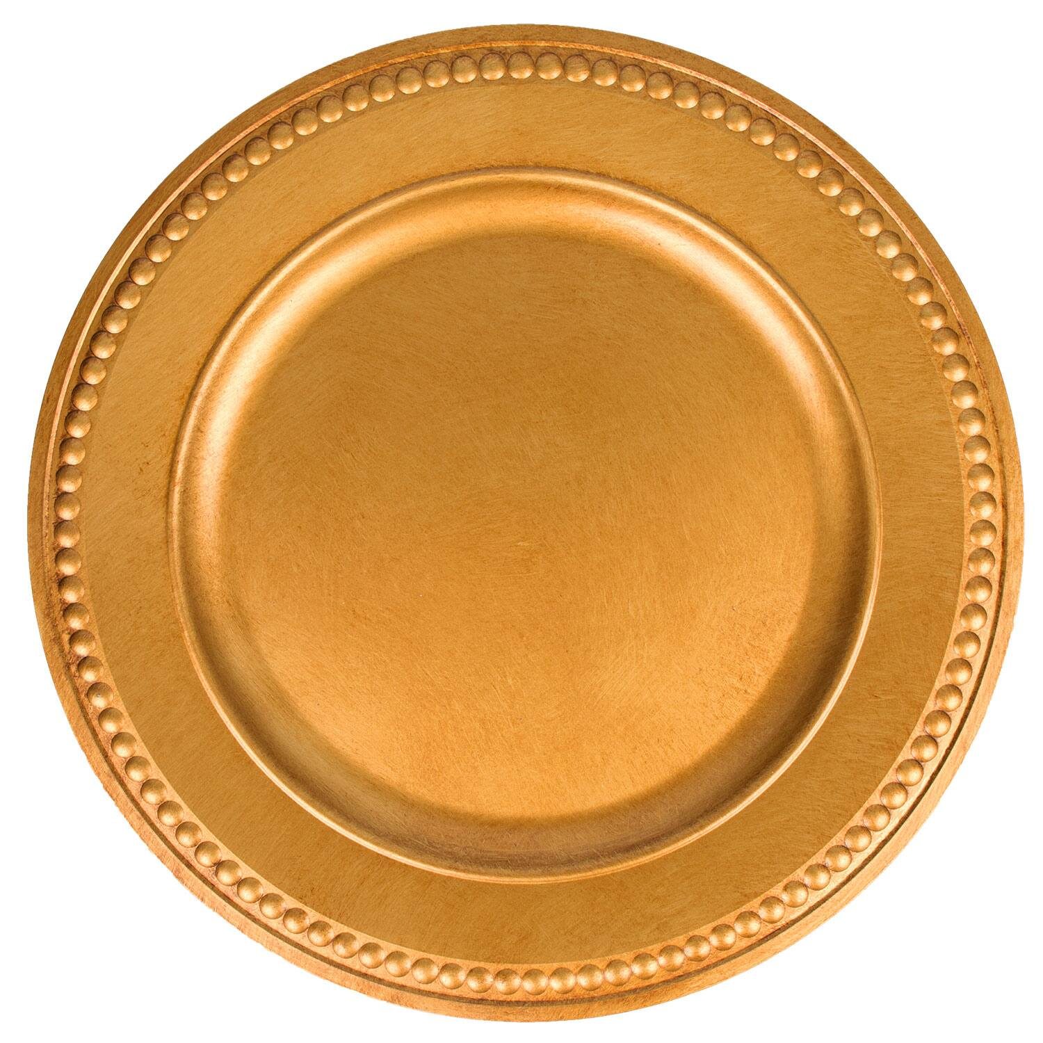 Antique Gold Plastic Charger Plates with Beaded Rims, 13 in.