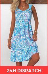 Light Blue Eyelet Tribal Print A Line Sleeveless Dress