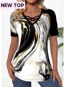 ROTITA Criss Cross Marble Print Black V Neck T Shirt