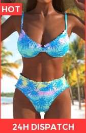 Smocked Tropical Plants Print Sky Blue Bikini Set