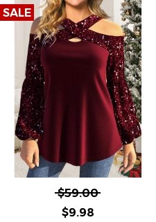 Wine Red Sequin Plus Size Long Sleeve T Shirt