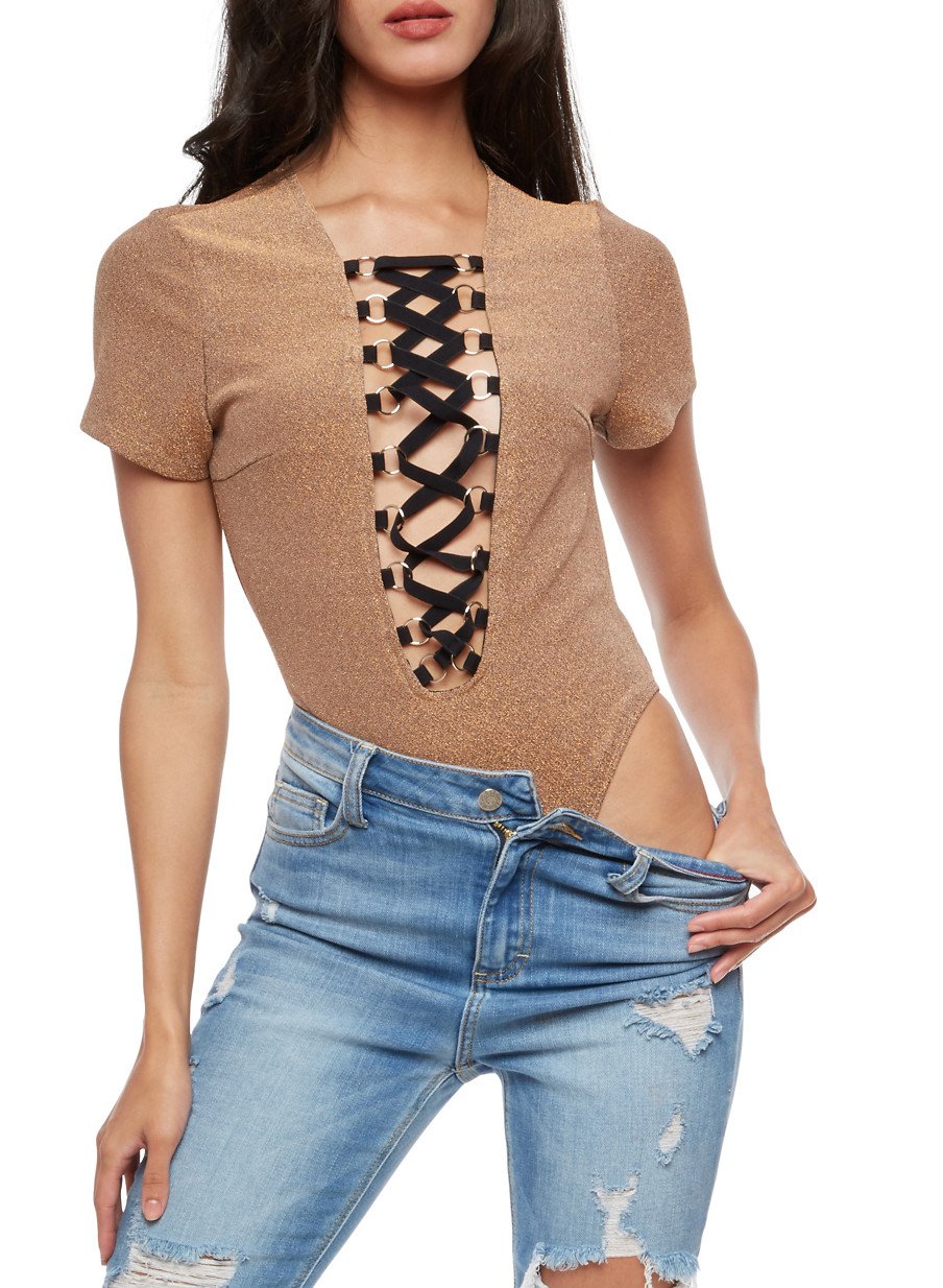 Short Sleeve Glitter Lace Up Bodysuit