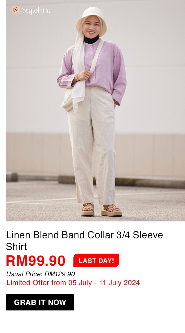 Linen Blend Band Collar 3/4 Sleeve Shirt