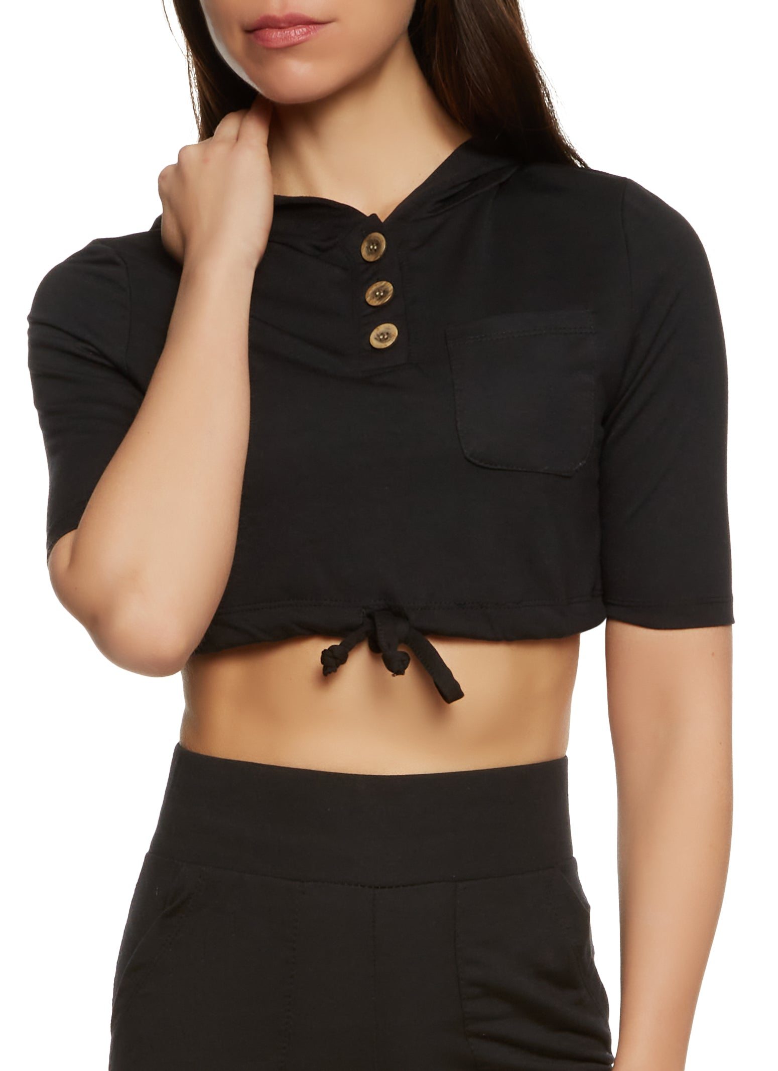 Half Button Cropped Hooded Tee