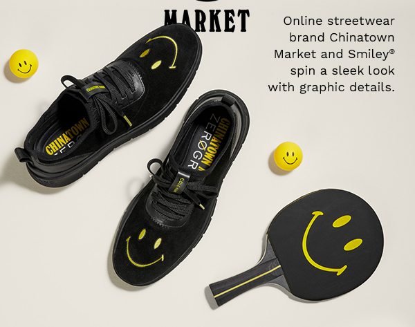 Online streetwear brand Chinatown Market and Smiley(R) spin a sleek look with graphic details.