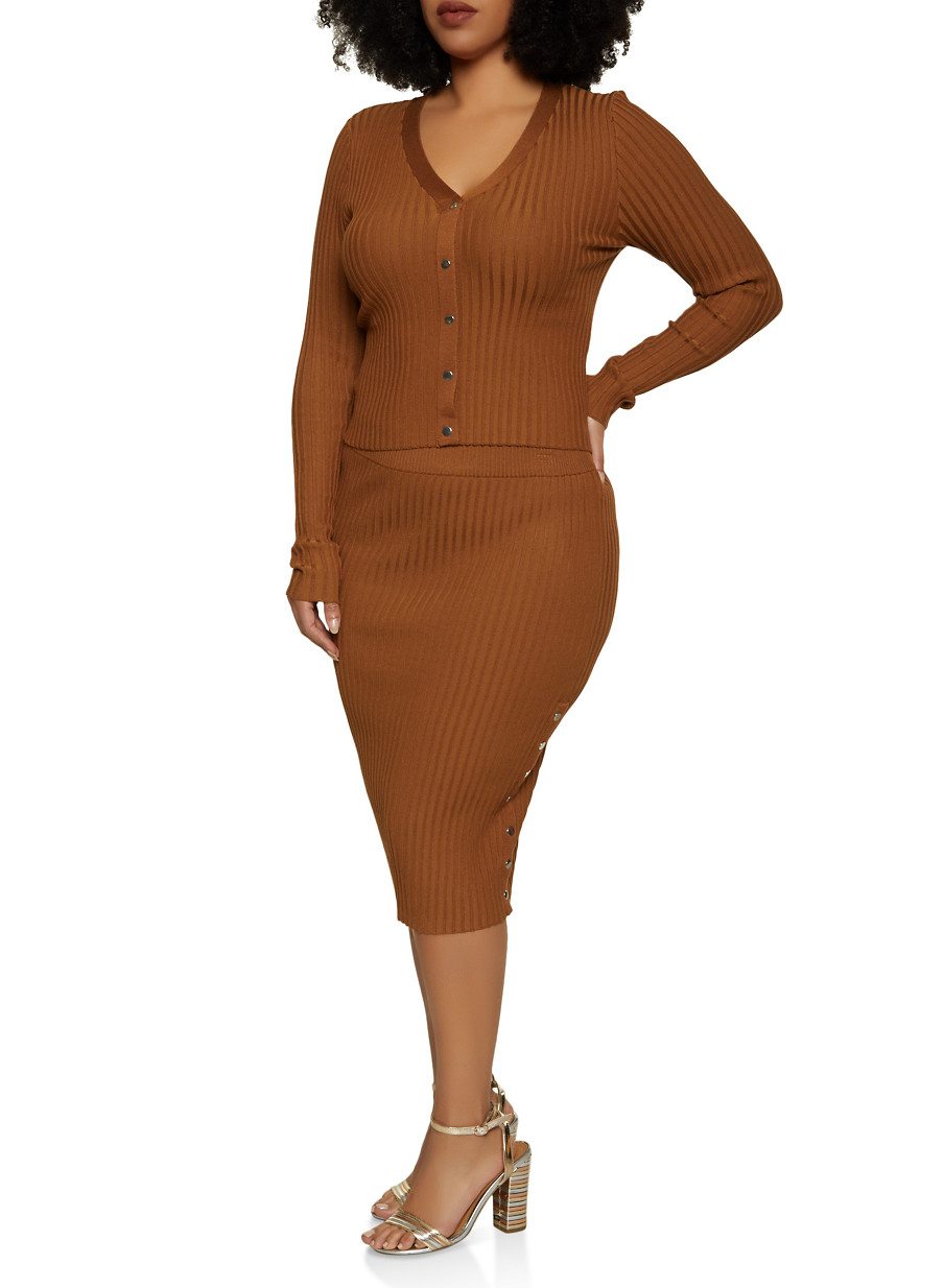 Plus Size Rib Knit Top and Pencil Skirt Set