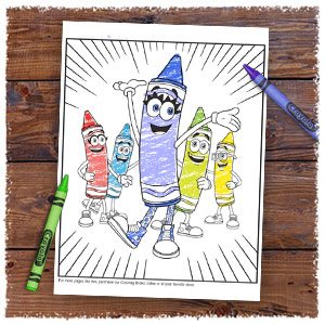 Partially colored in coloring page of purple, red, blue, green, and yellow crayon figures celebrating.