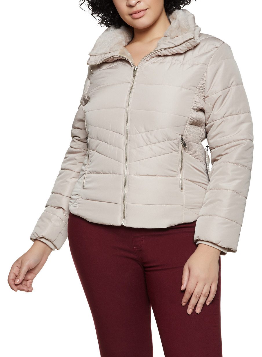 Plus Size Faux Fur Trim Hooded Puffer Jacket