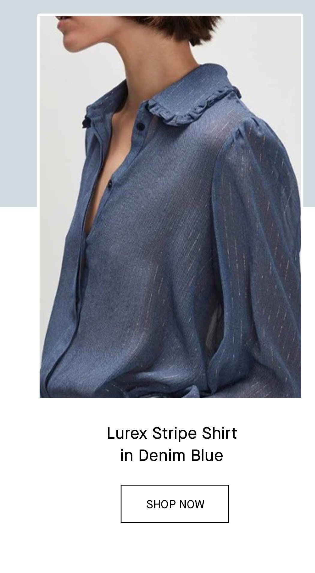 Lurex Stripe Ruffle Collar Shirt in Denim Blue