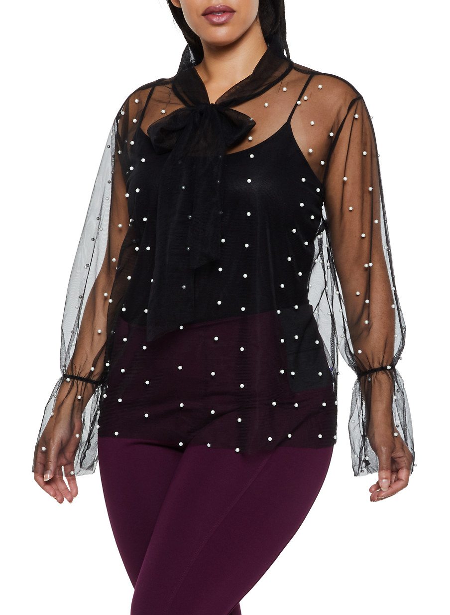 Plus Size Tie Neck Faux Pearl Studded Mesh Top