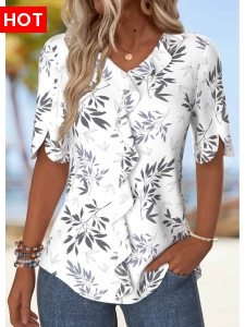 ROTITA Ruffle Leaf Print White V Neck Blouse